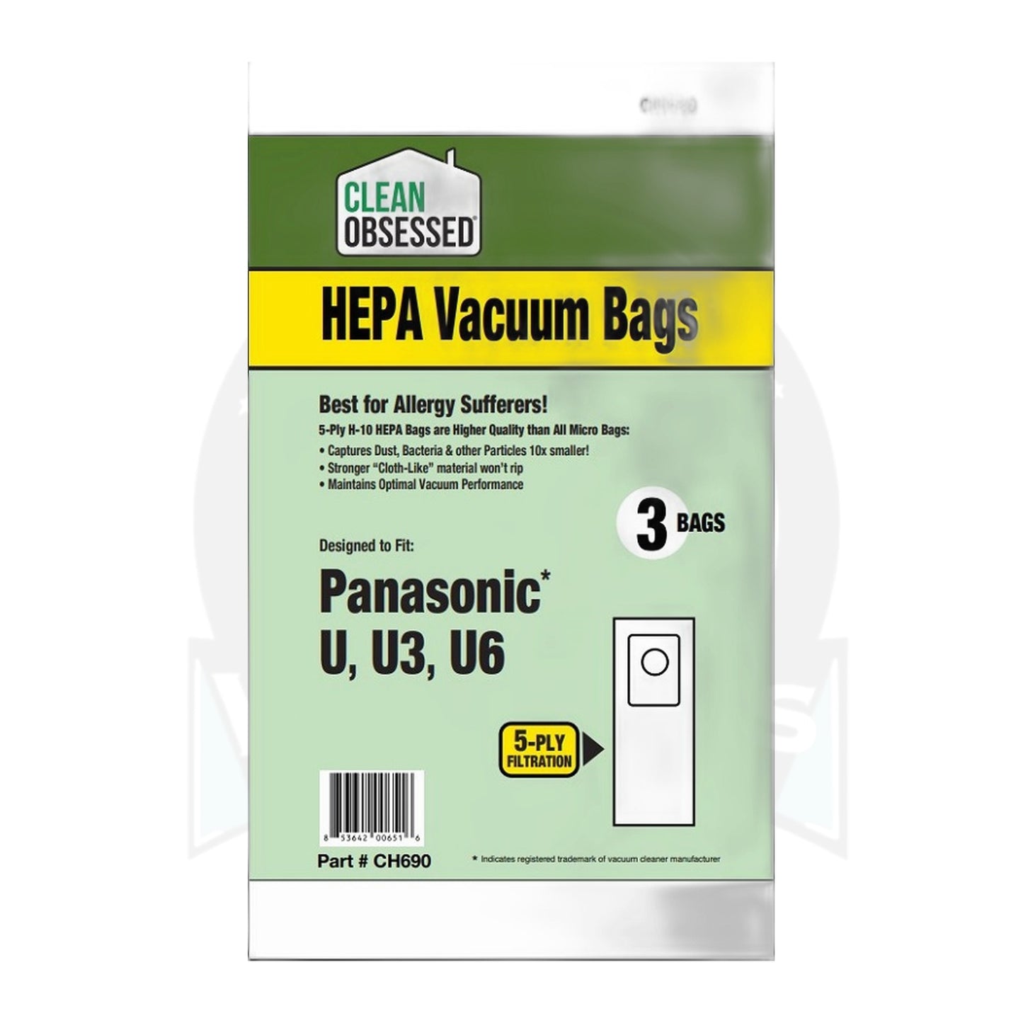 Clean Obsessed Panasonic Type U, U3, U6 HEPA Bags 3-Pack