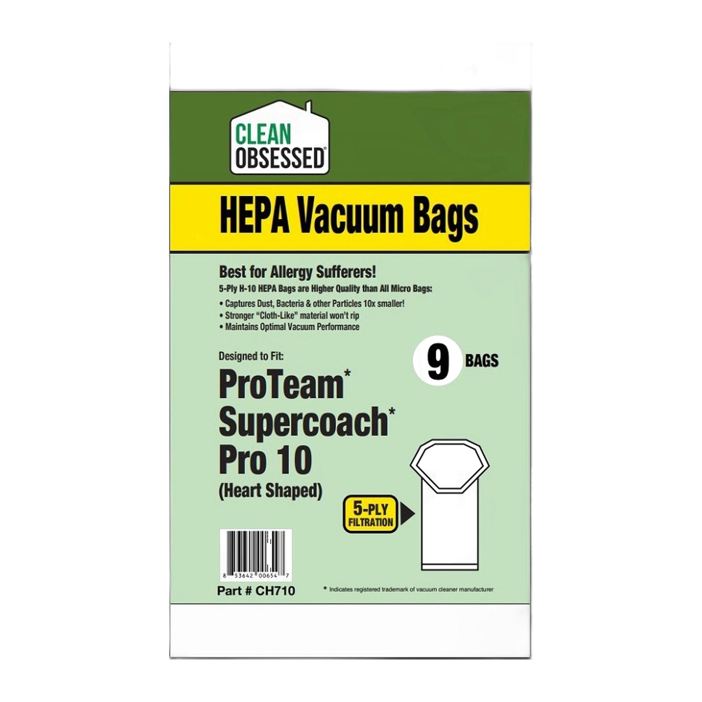 Clean Obsessed HEPA Bags for ProTeam Super Coach Pro 10 (9-Pack)