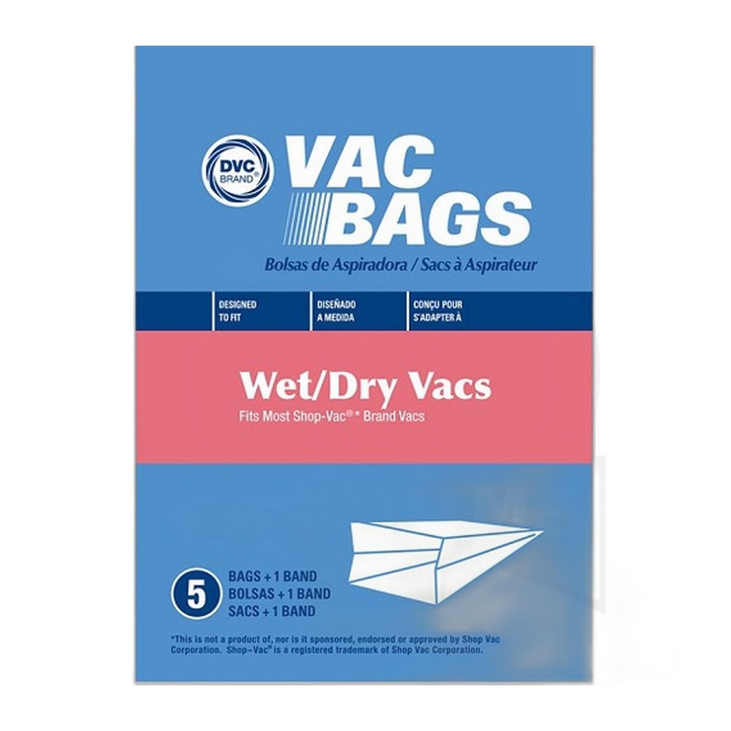 DVC Paper Bags for Shop Vac Wet/Dry Vacuums, 5-Pack + Rubber Band