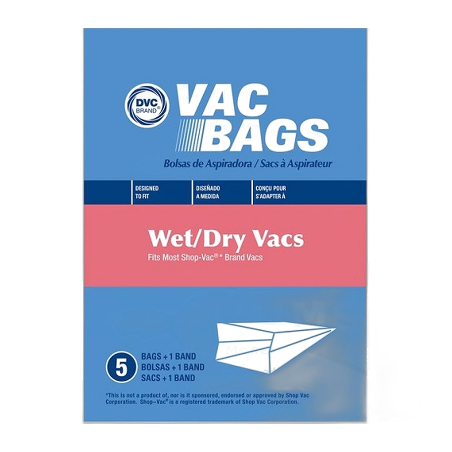 DVC Paper Bags for Shop Vac Wet/Dry Vacuums, 5-Pack + Rubber Band