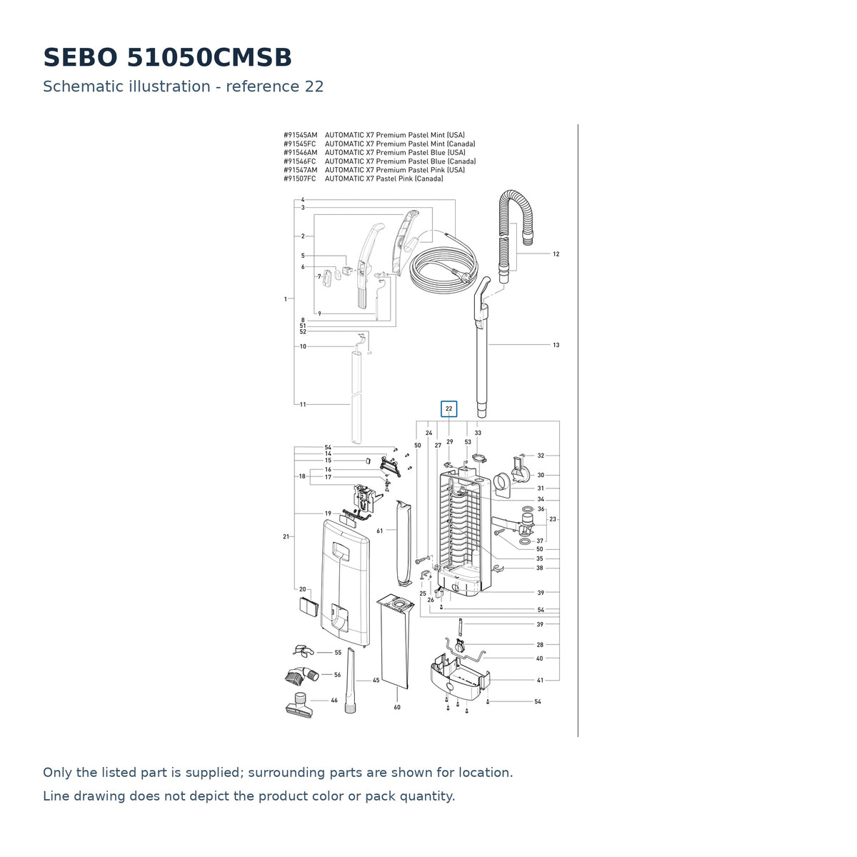 SEBO 51050CMSB schematic illustration; reference 22; only the listed part supplied