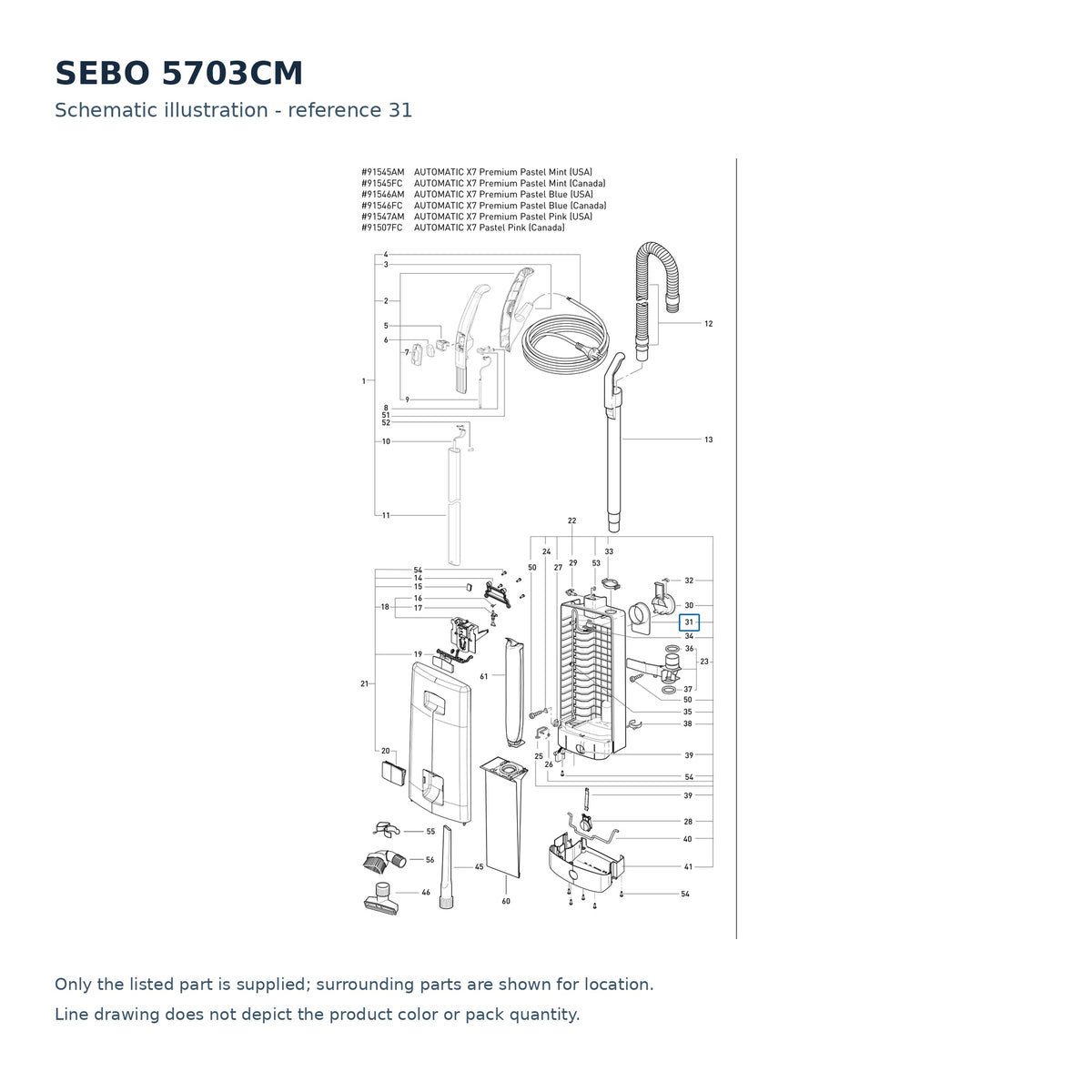 SEBO 5703CM schematic illustration; reference 31; only the listed part supplied