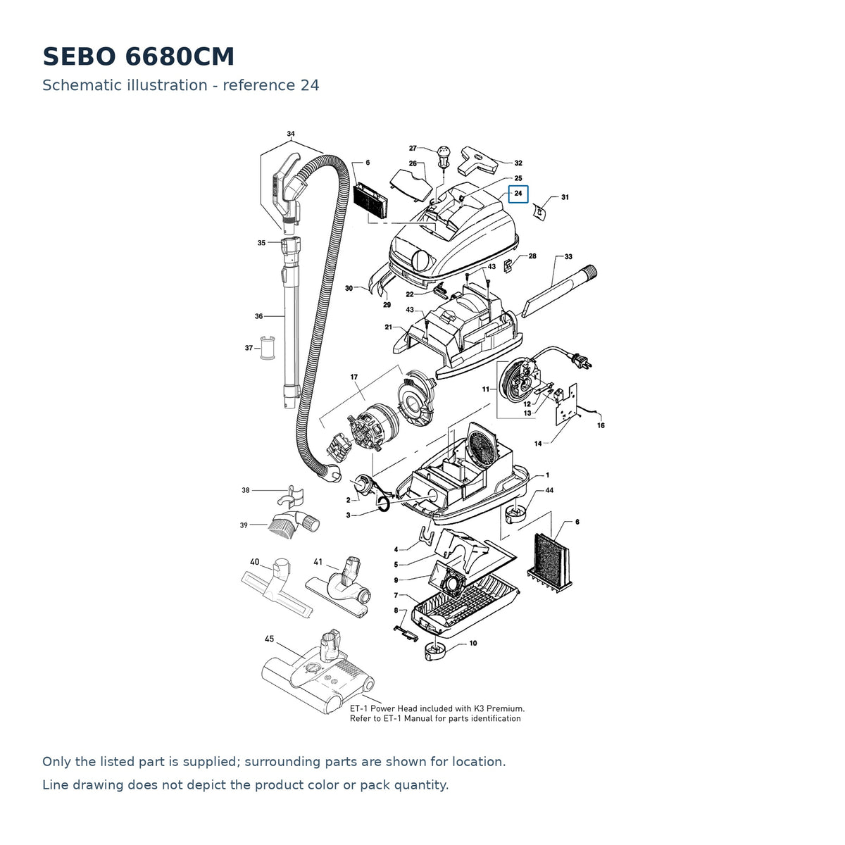 SEBO 6680CM schematic illustration; reference 24; only the listed part supplied