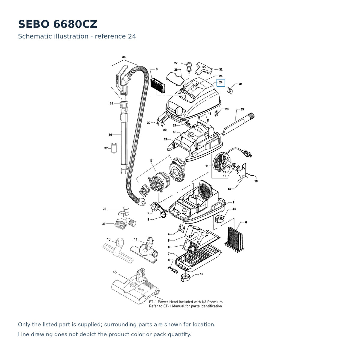 SEBO 6680CZ schematic illustration; reference 24; only the listed part supplied