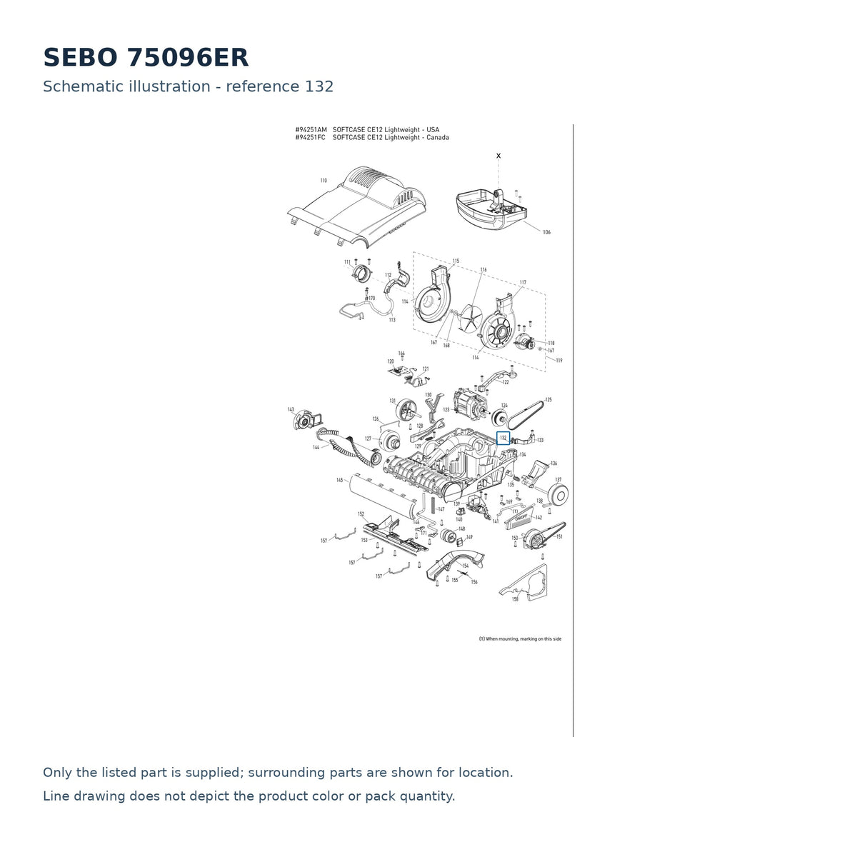 SEBO 75096ER schematic illustration; reference 132; only the listed part supplied