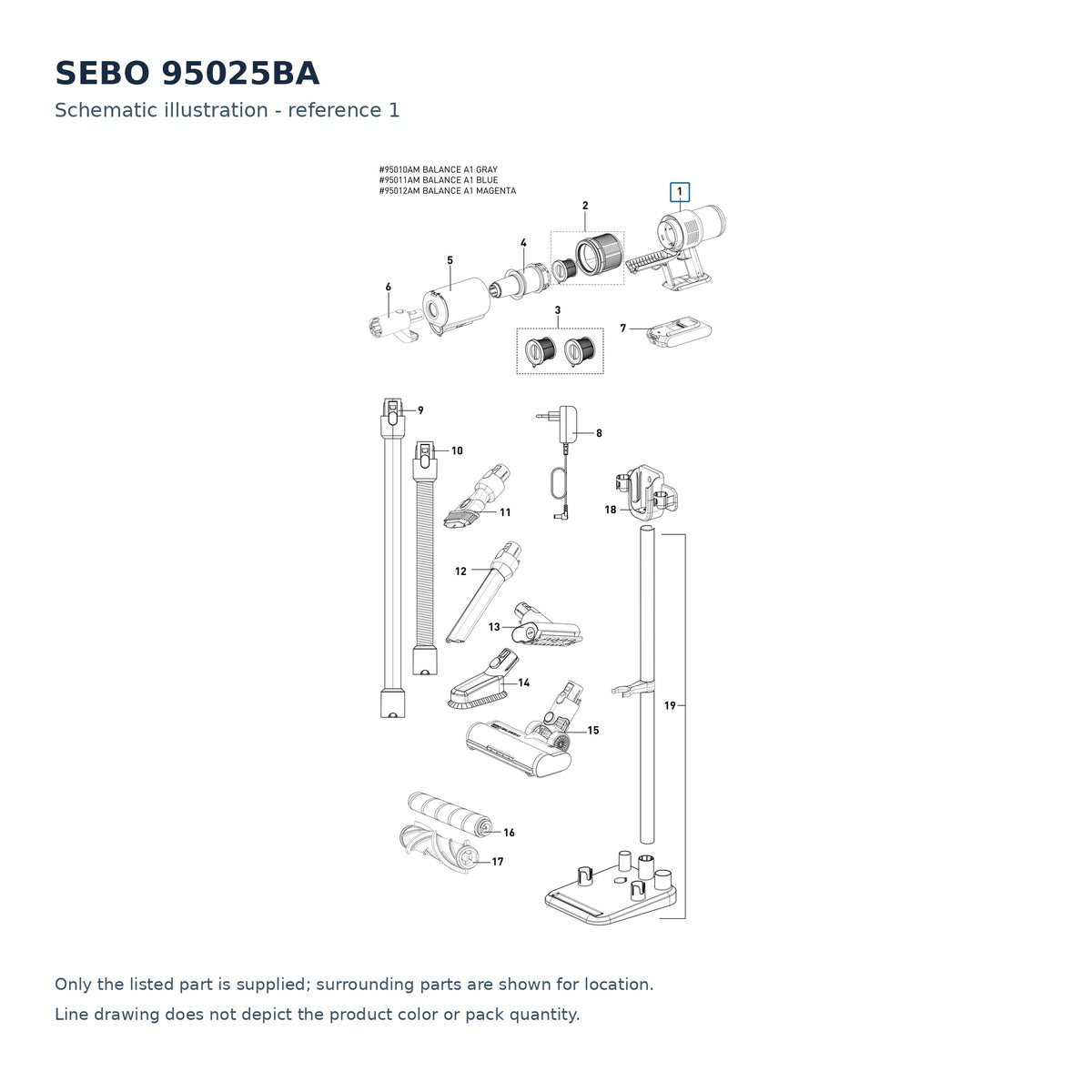 SEBO 95025BA schematic illustration; reference 1; only the listed part supplied