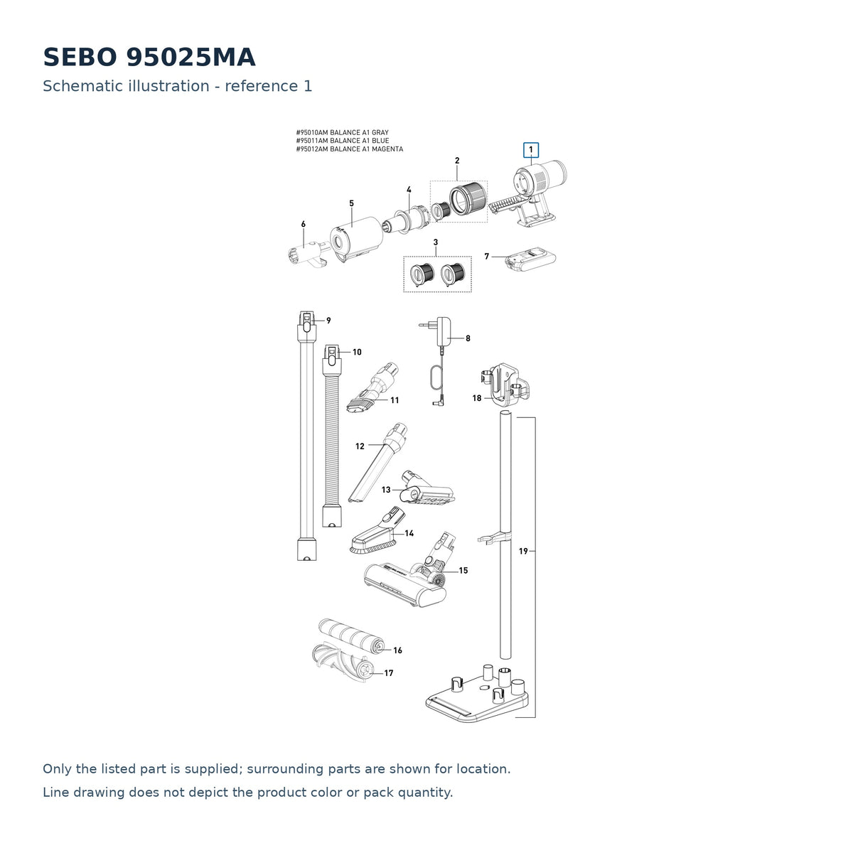 SEBO 95025MA schematic illustration; reference 1; only the listed part supplied