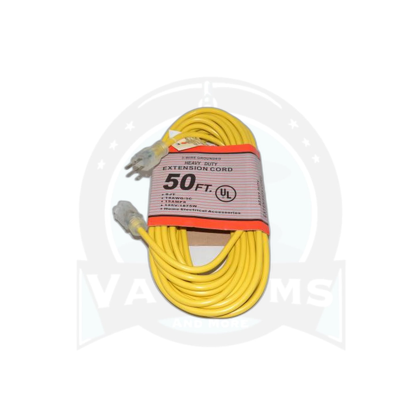 Commercial Extension Cord - 50 Foot - 14/3 - 300V - Yellow - Lighted Ends - Vacuums and More