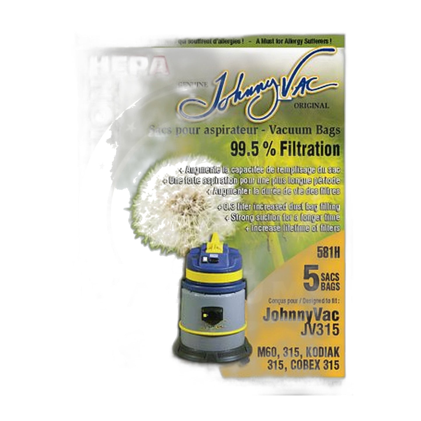 Johnny Vac HEPA Microfilter Bags for JV315, Kodiac 315, Cobex 315, M60 (5-Pack)
