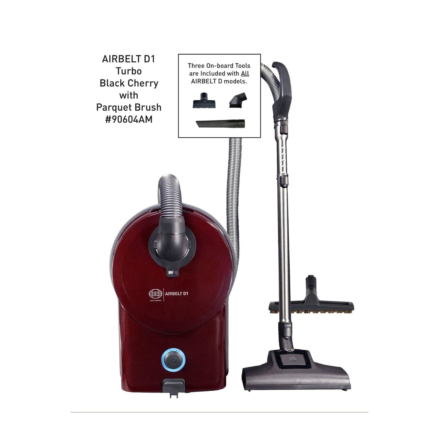 SEBO AIRBELT D1 Turbo Canister Vacuum with Turbo Nozzle and Parquet Brush (Black Cherry)