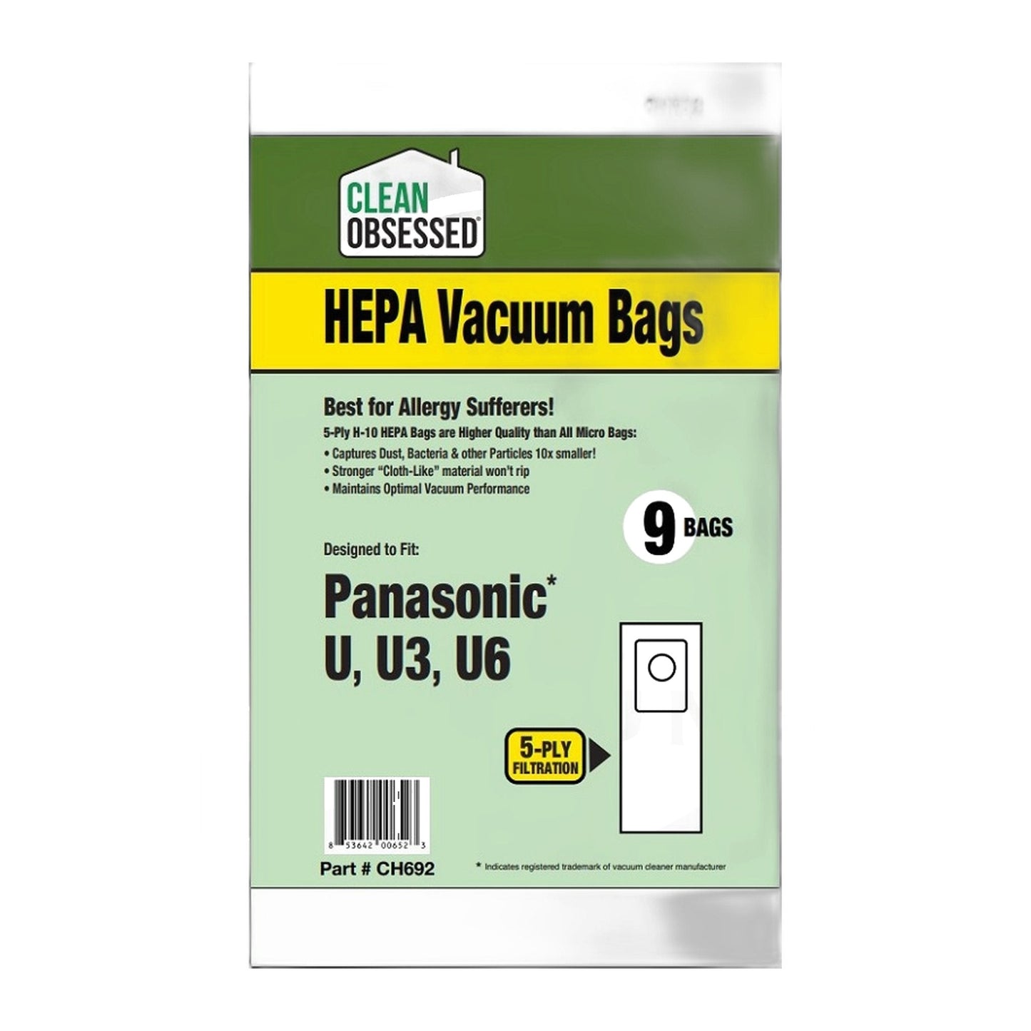 Clean Obsessed HEPA Bags for Panasonic Type U, U3, U6 (9-Pack)