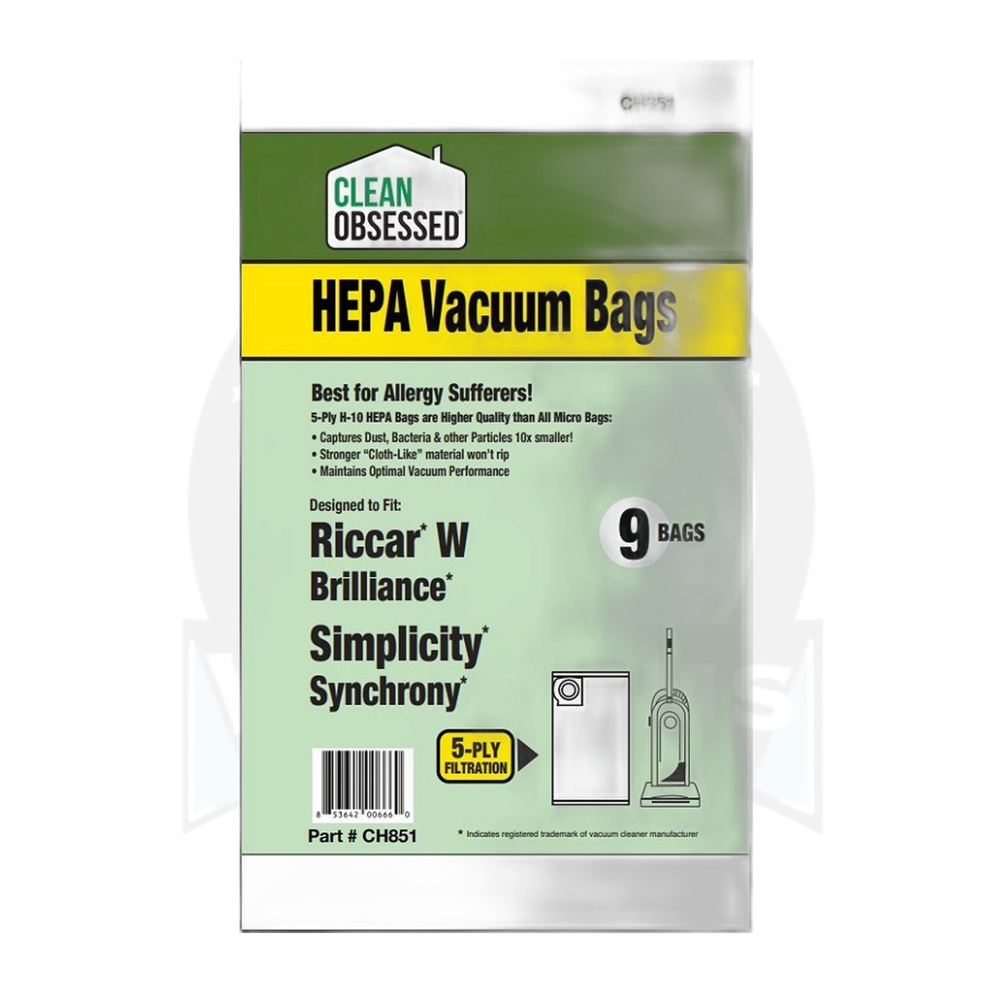 Clean Obsessed Type W HEPA Bags for Riccar Brilliance & Simplicity Synchrony, 9-Pack