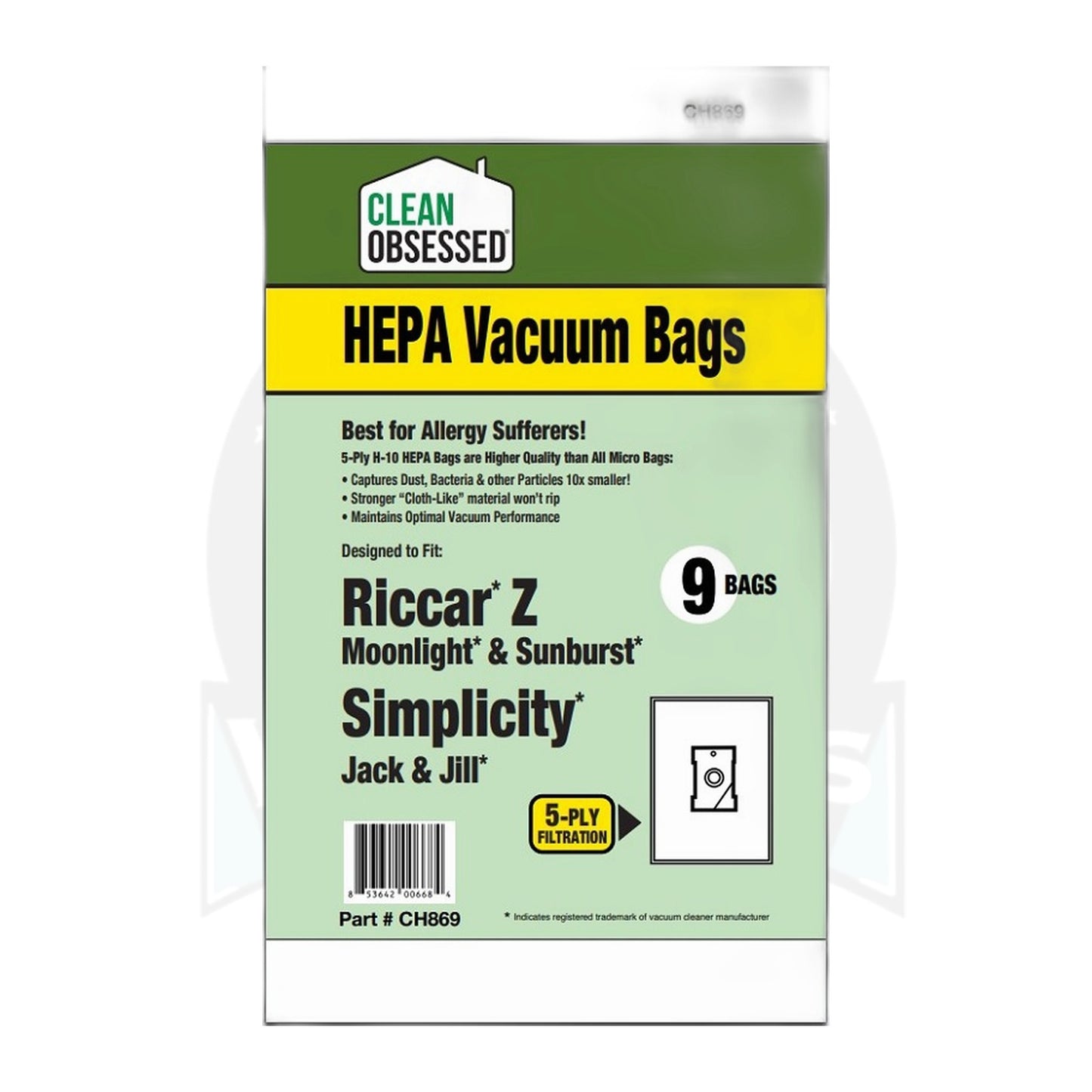 Clean Obsessed Type Z HEPA Bags for Riccar Moonlight & Bissell Zing, 9-Pack
