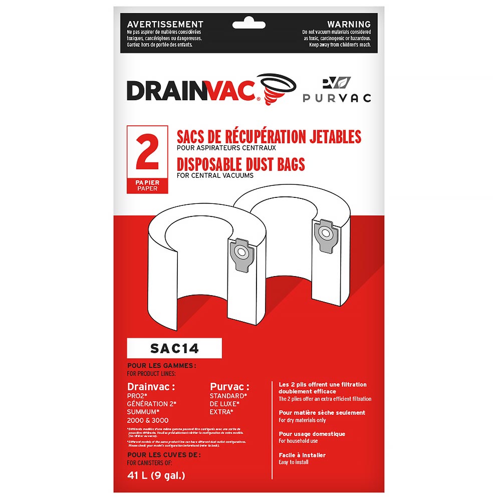 Drainvac SAC-14 paper central vacuum bags, U.S. packaging