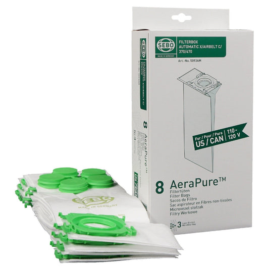 Genuine SEBO X/G/C/370 vacuum bags with 8 bags; individual box shown from an 8-box case