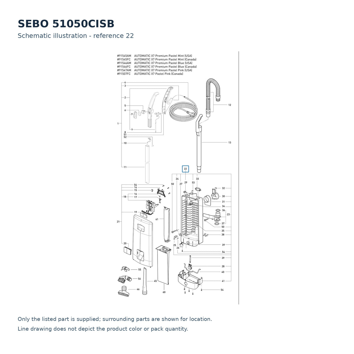 SEBO 51050CISB schematic illustration; reference 22; only the listed part supplied
