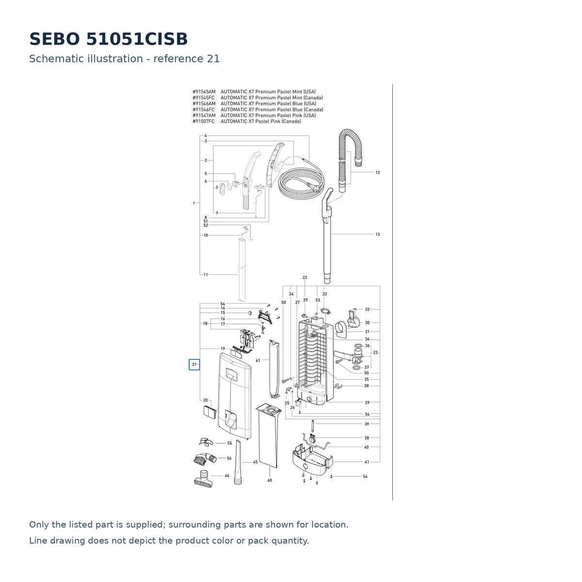 SEBO 51051CISB schematic illustration; reference 21; only the listed part supplied