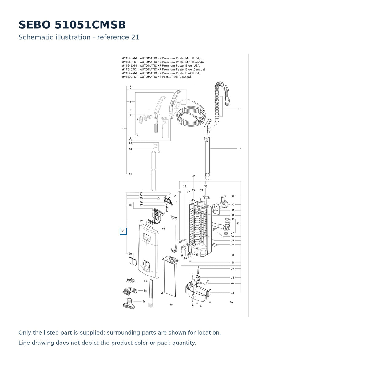 SEBO 51051CMSB schematic illustration; reference 21; only the listed part supplied