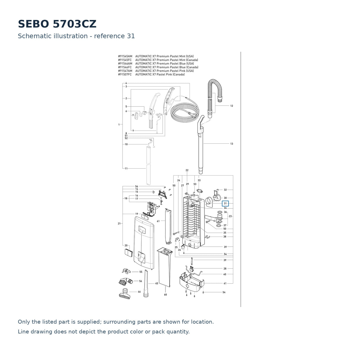 SEBO 5703CZ schematic illustration; reference 31; only the listed part supplied