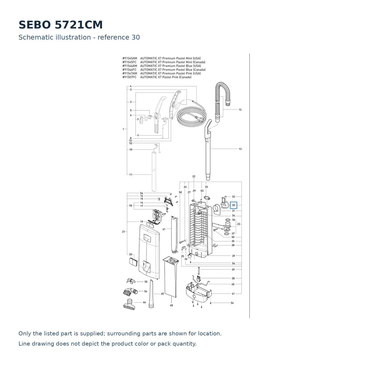 SEBO 5721CM schematic illustration; reference 30; only the listed part supplied
