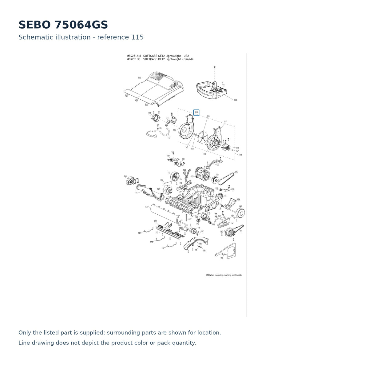 SEBO 75064GS schematic illustration; reference 115; only the listed part supplied