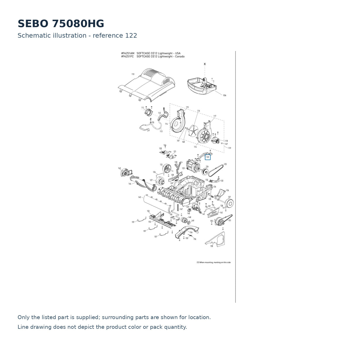 SEBO 75080HG schematic illustration; reference 122; only the listed part supplied