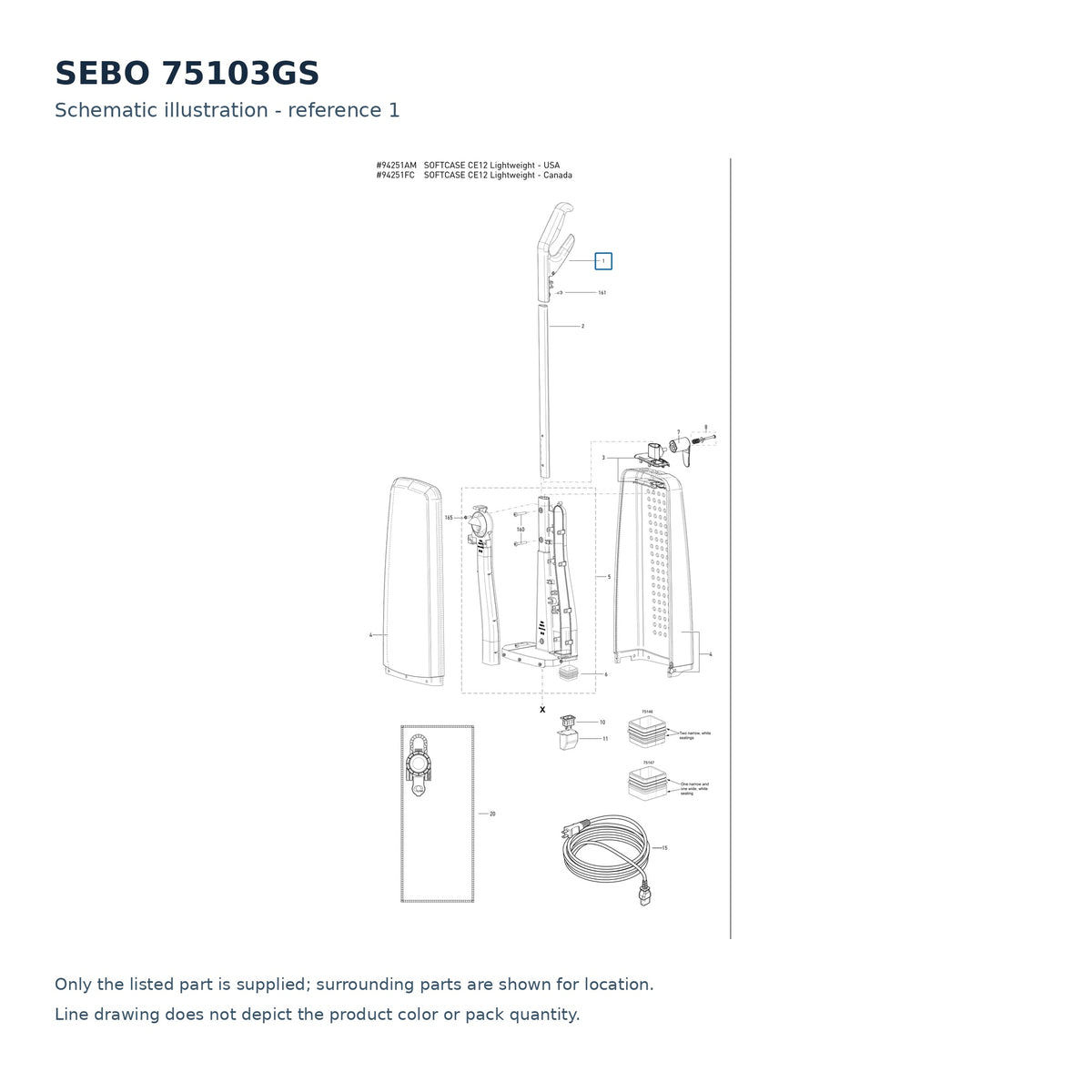 SEBO 75103GS schematic illustration; reference 1; only the listed part supplied