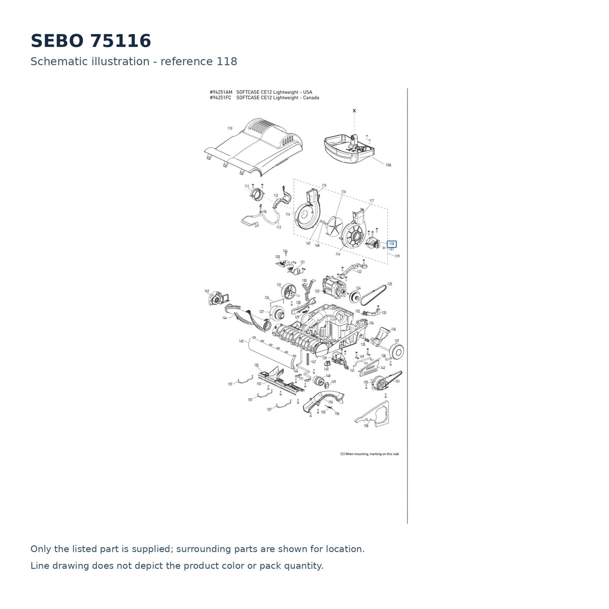 SEBO 75116 schematic illustration; reference 118; only the listed part supplied