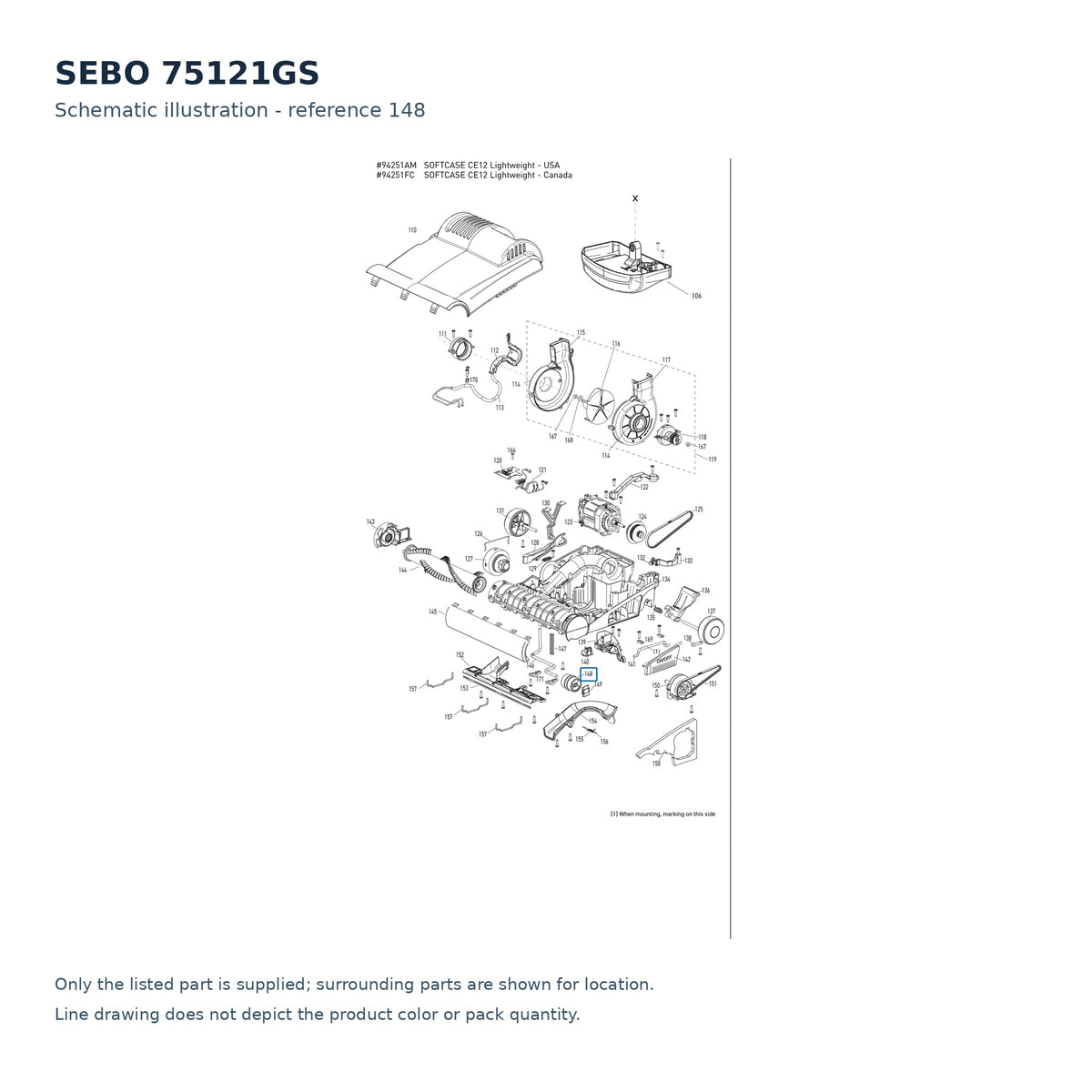 SEBO 75121GS schematic illustration; reference 148; only the listed part supplied