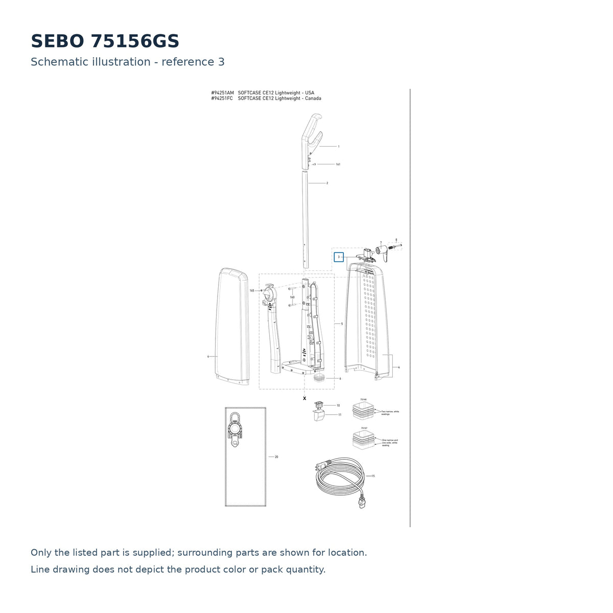 SEBO 75156GS schematic illustration; reference 3; only the listed part supplied