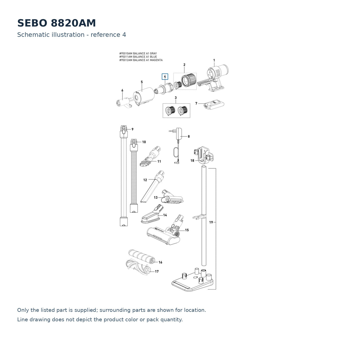 SEBO 8820AM schematic illustration; reference 4; only the listed part supplied
