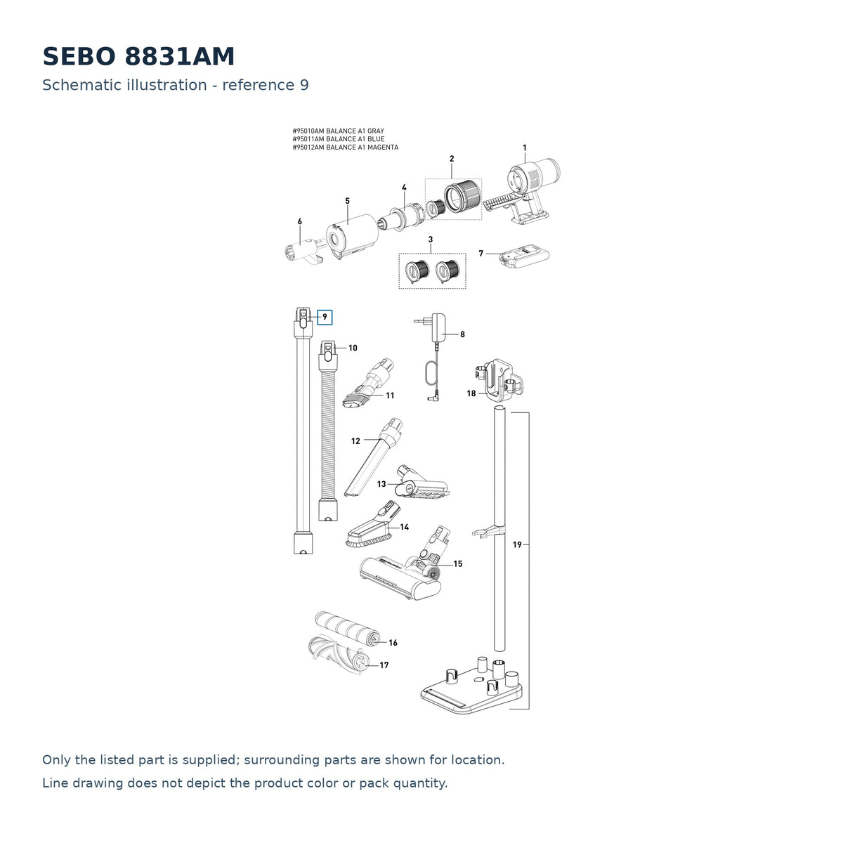 SEBO 8831AM schematic illustration; reference 9; only the listed part supplied