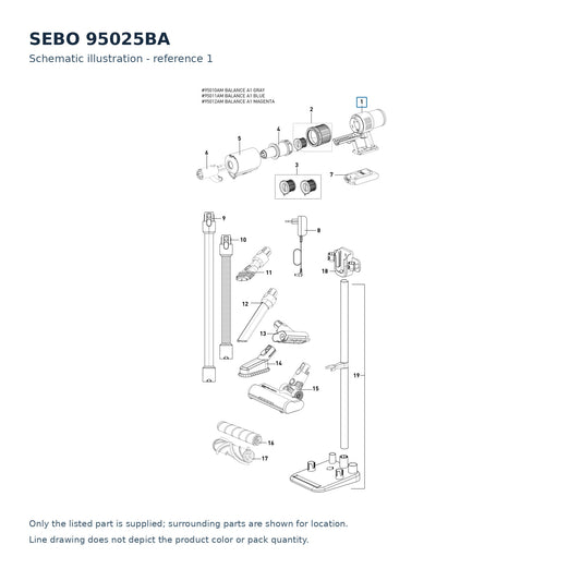 SEBO 95025BA schematic illustration; reference 1; only the listed part supplied