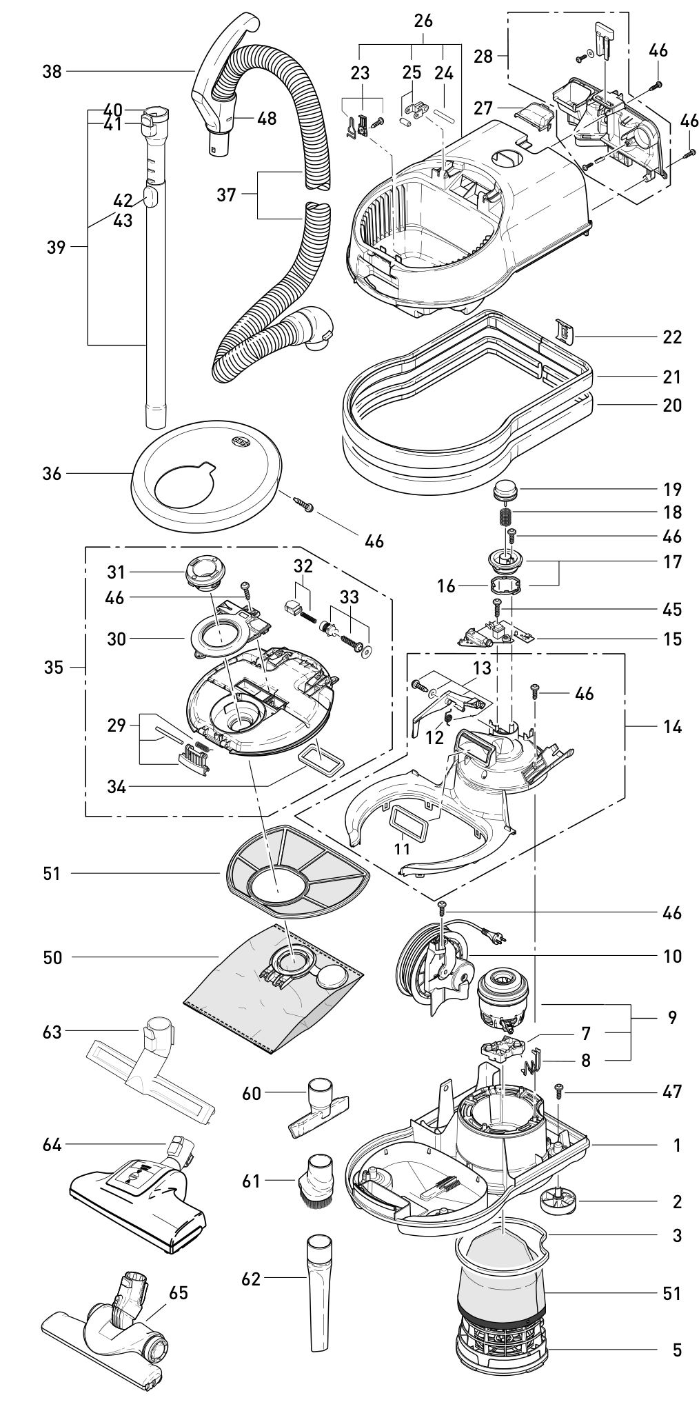 SEBO AIRBELT D1 exploded parts diagram